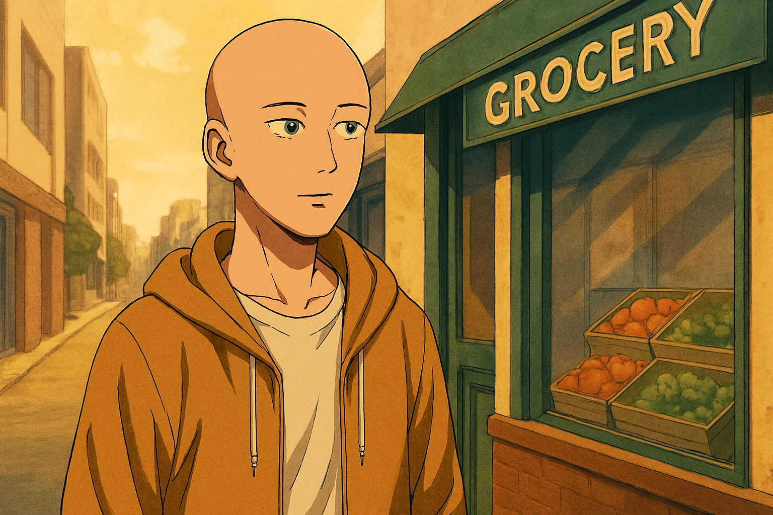 Simple anime hero doing everyday chores, representing the relatable side of One Punch Man anime’s protagonist.