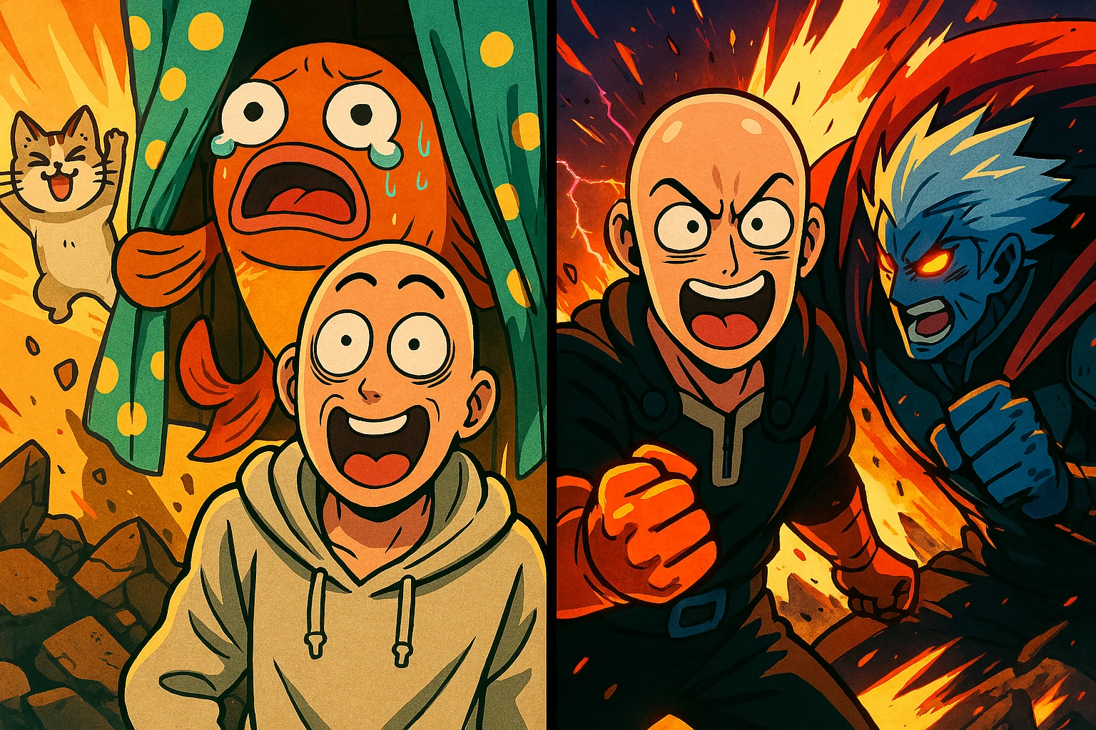 Funny yet intense anime moment blending comedy and action like in One Punch Man anime.