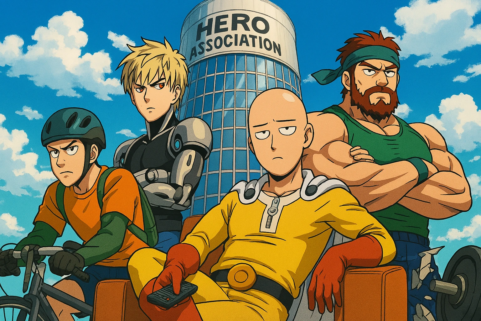 Colorful anime city filled with parody superheroes symbolizing the satire of the One Punch Man anime world.