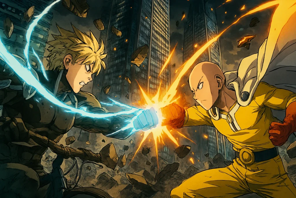 Explosive punch scene showing dynamic action and visual energy inspired by One Punch Man anime.