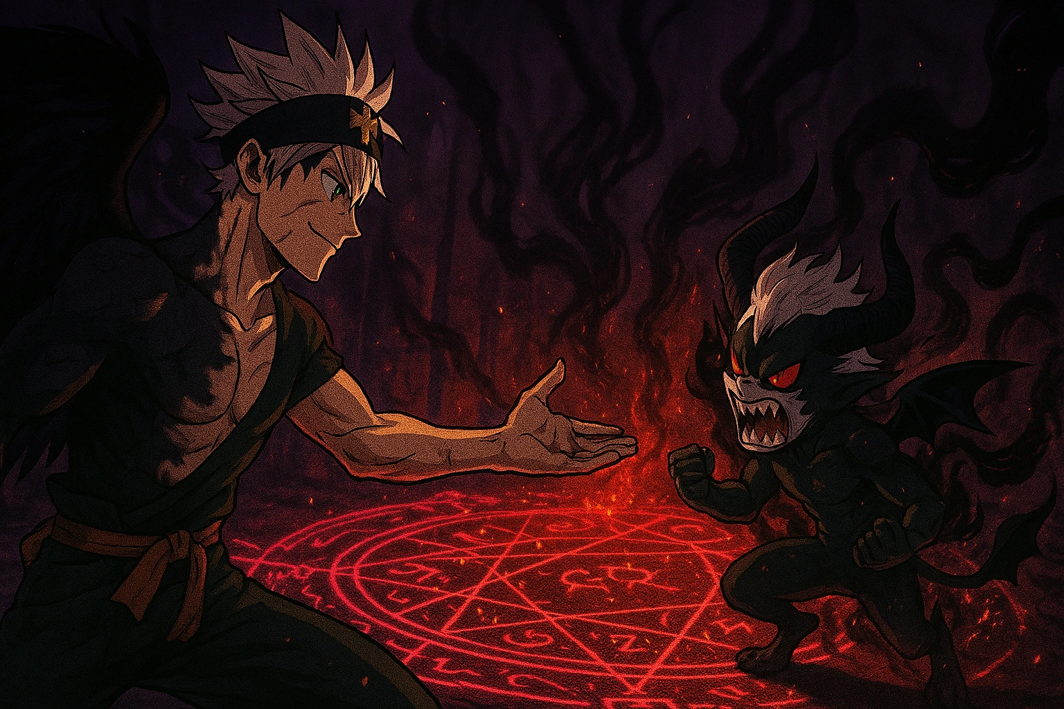 A key moment from Black Clover showing Asta offering a hand of friendship to his devil, Liebe, turning a fight into a partnership