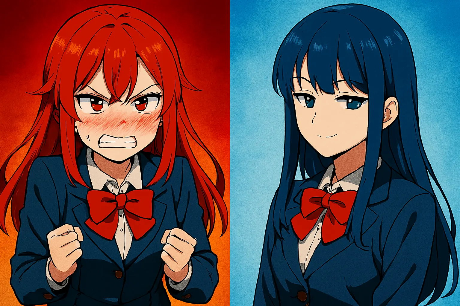 Tsundere vs Kuudere anime character comparison, emotional archetypes contrast.