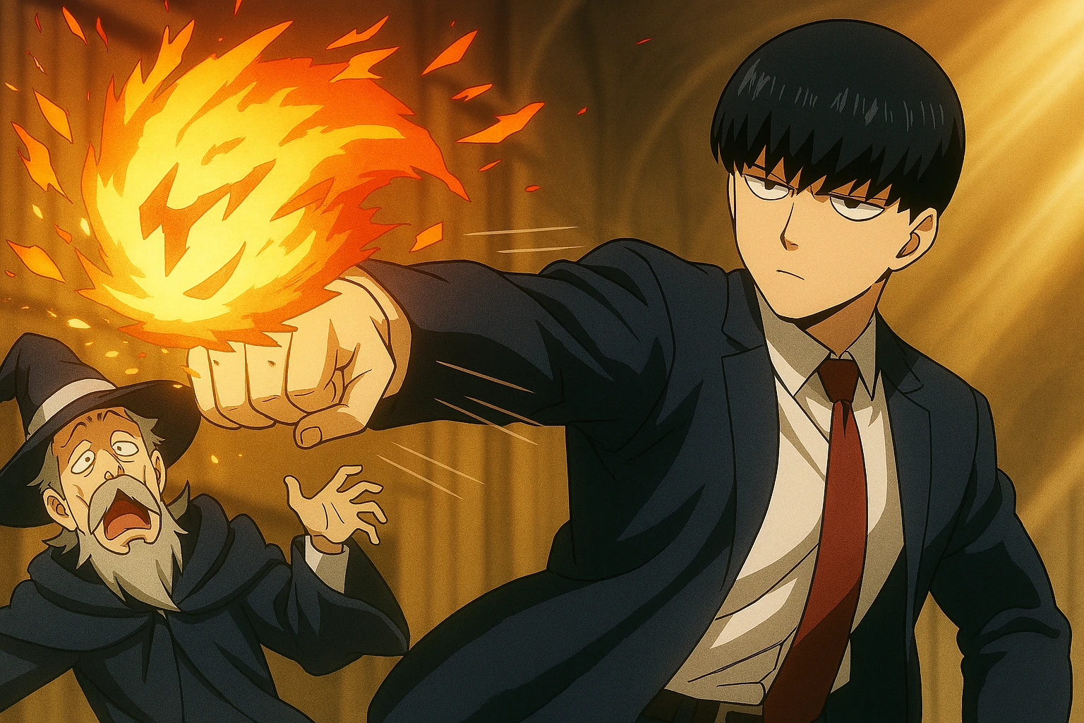 Mash Burndead casually punching a giant fireball to pieces, while his magic instructor looks on in comical shock in a scene from Mashle.