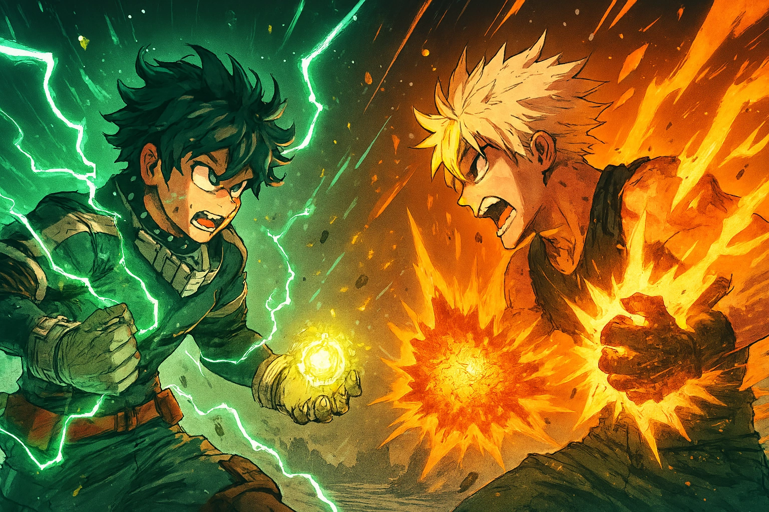 Deku and Bakugo from My Hero Academia showcase the modern rival trope in a dynamic clash with green lightning and fiery explosions.