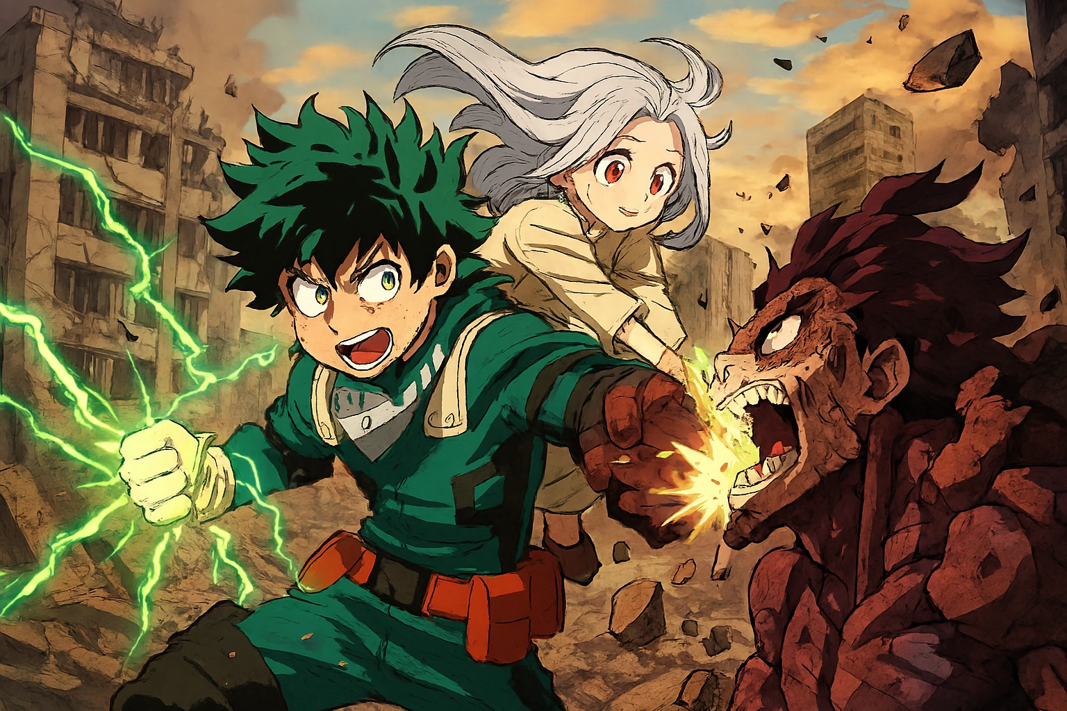 An emotional and high-stakes shonen anime fight from My Hero Academia, with Deku using 100% One for All to protect Eri and defeat Overhaul.