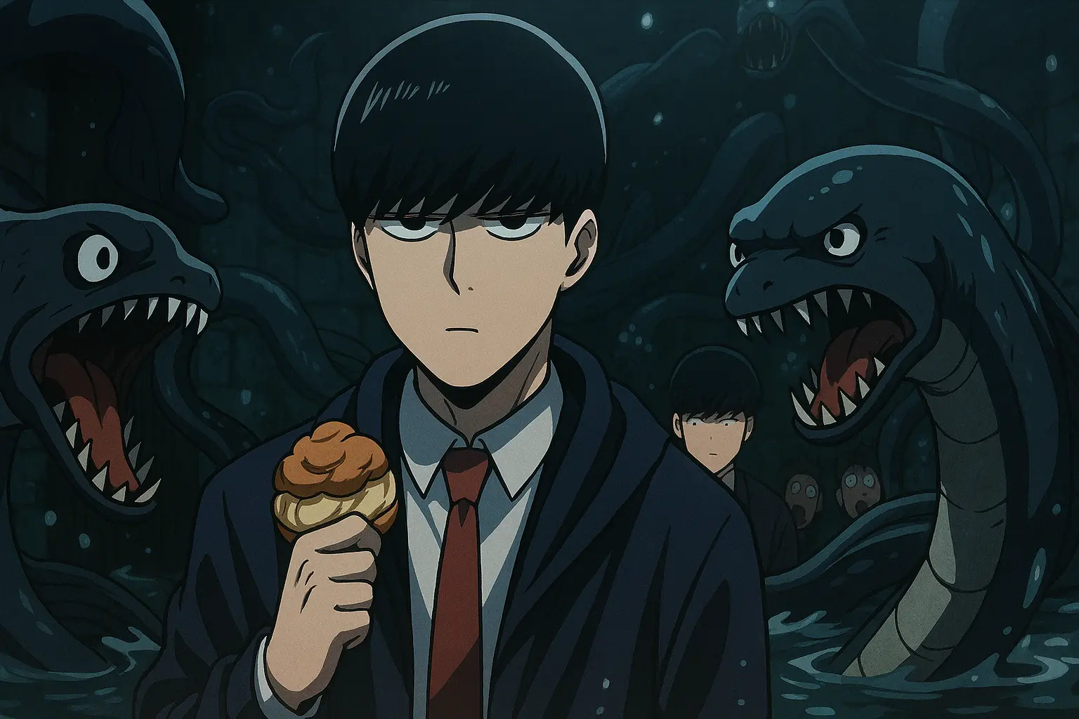 An unfazed Mash Burndead protecting his cream puff from aggressive eels in a dark dungeon, showcasing his hilarious priorities in Mashle. 