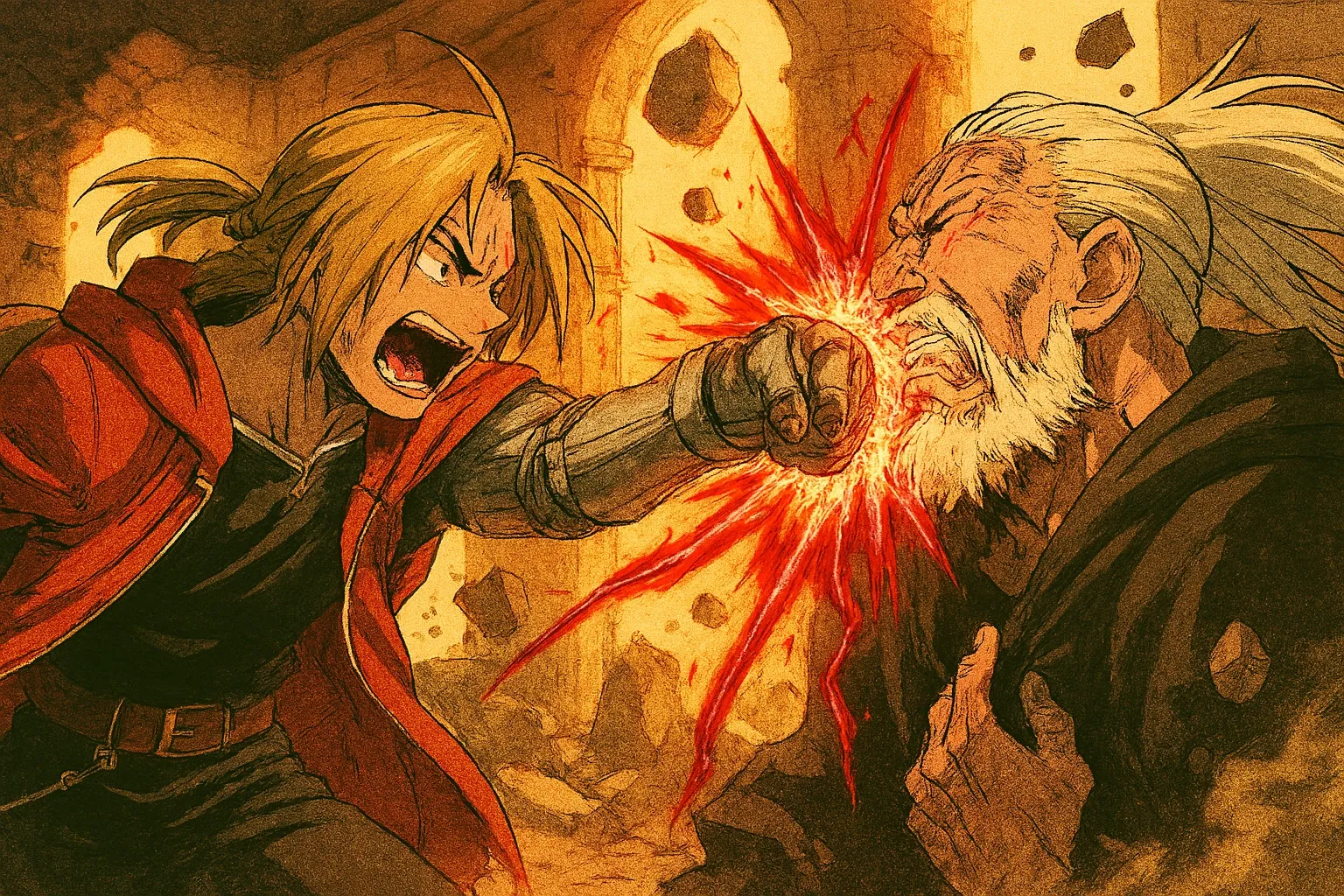 The climactic final blow from Fullmetal Alchemist: Brotherhood, where Edward Elric delivers an emotional punch to the villain, Father.