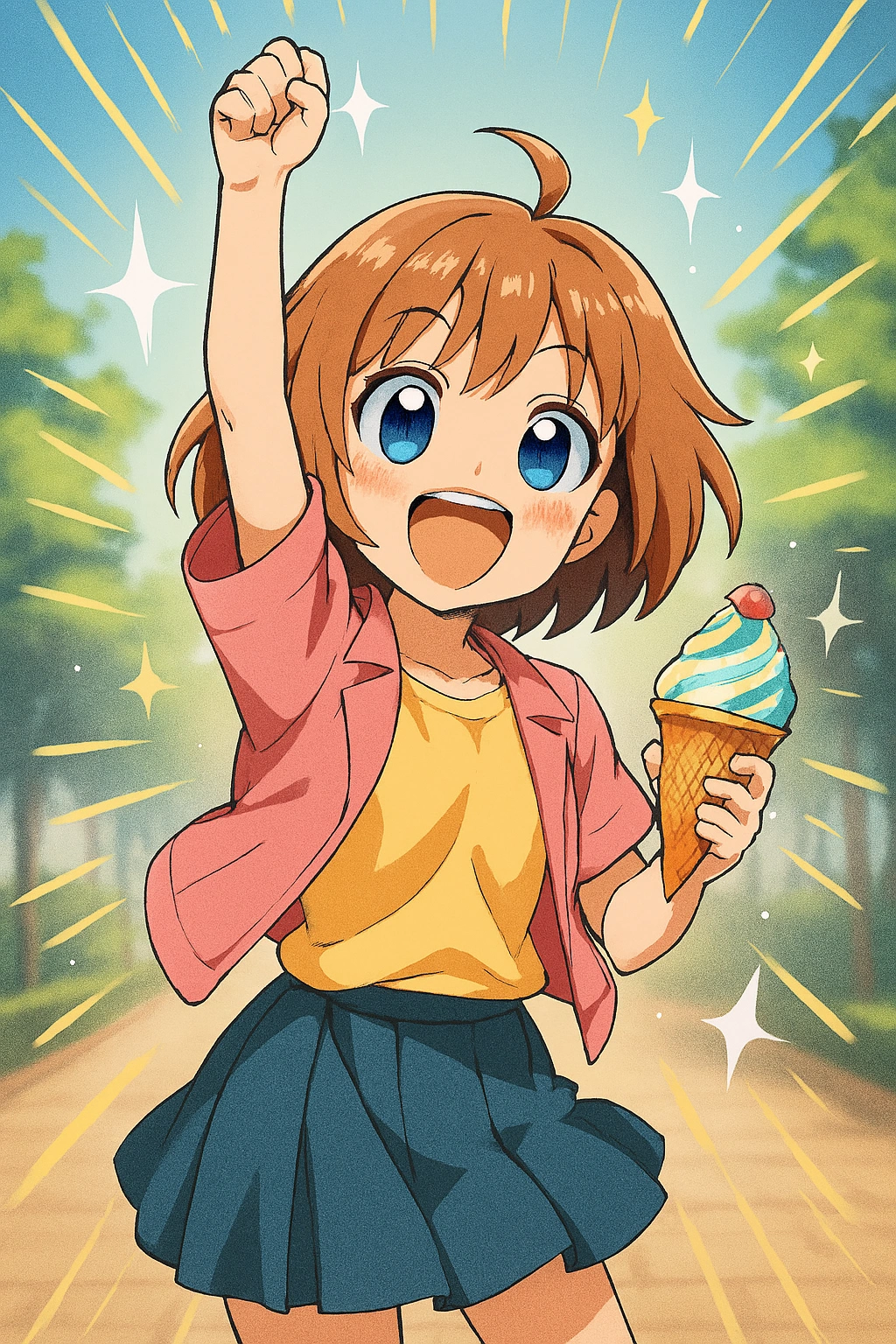 An energetic Genki Girl Character Trope cheering with an ice cream cone, symbolizing boundless enthusiasm.
