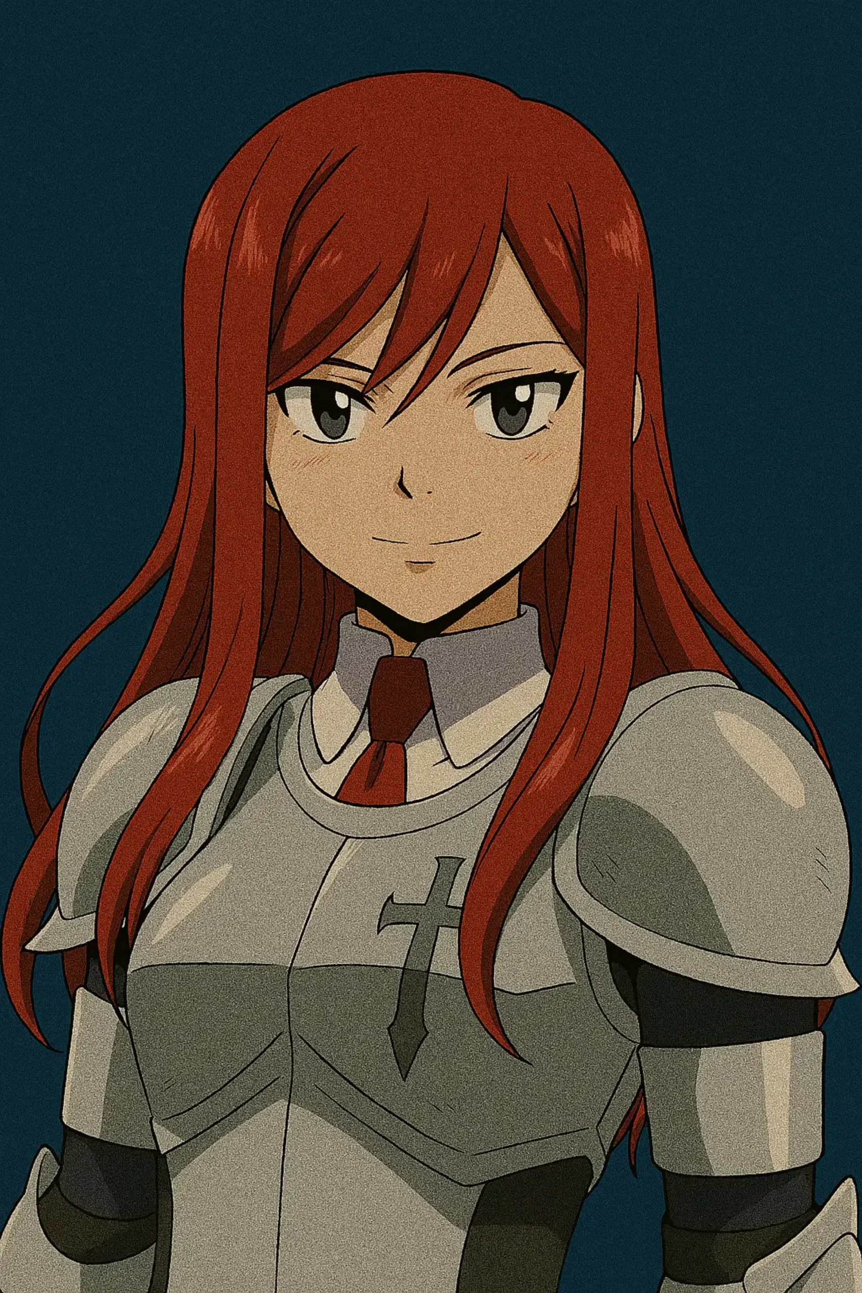 Best Anime Waifu Characters - Erza Scarlet from Fairy Tail, a powerful S-Class Mage known for her long, beautiful scarlet hair and brown eyes. She is shown wearing her iconic Heart Kreuz silver armor with a blue skirt, exuding an aura of strength and determination.