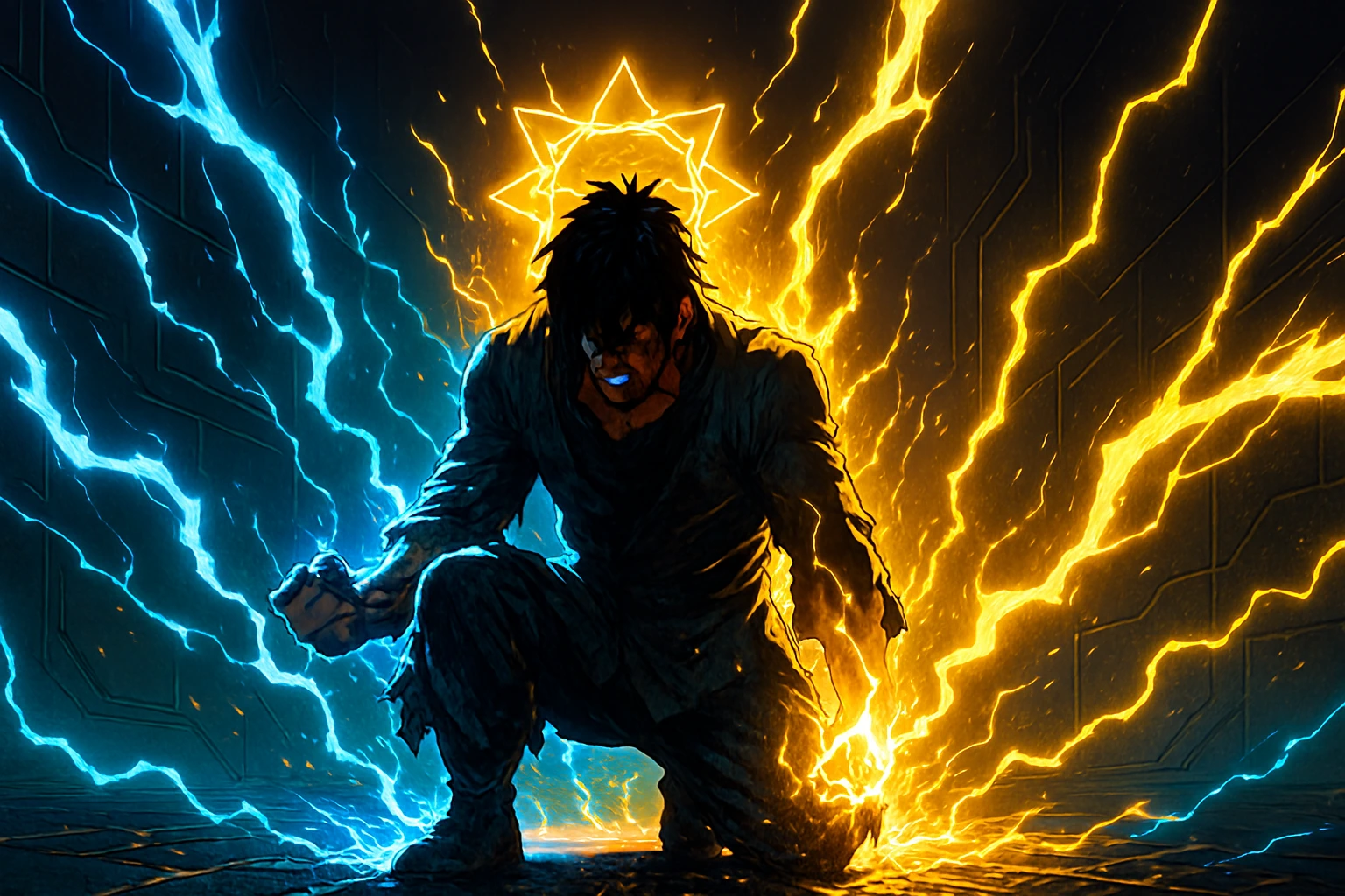 Hyper-dynamic image of a warrior archetype achieving peak power alone in an isolation chamber, symbolizing the intense, isolated effort of the genius loner trope.