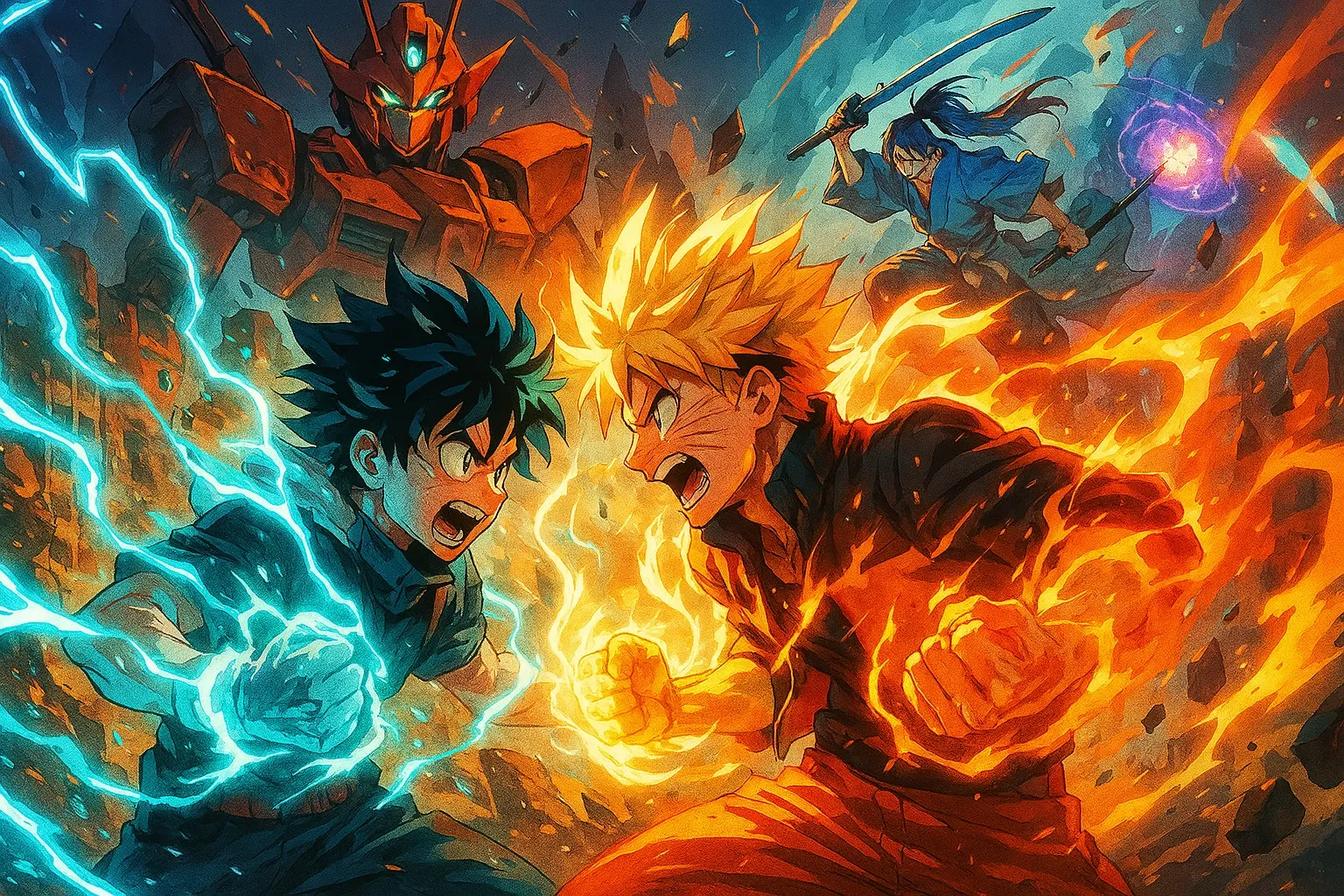 An epic anime action scene featuring a crossover battle, representing the best anime fight scenes from different genres with vibrant energy auras