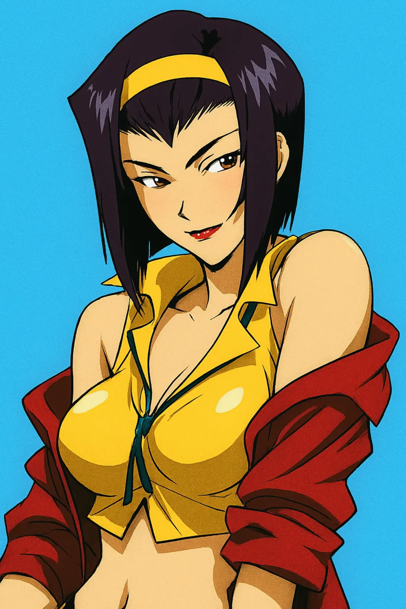 Best Anime Waifu Characters - Faye Valentine from Cowboy Bebop, a confident and stylish bounty hunter with short purple hair and green eyes, wearing her signature revealing outfit of yellow shorts and a matching top.