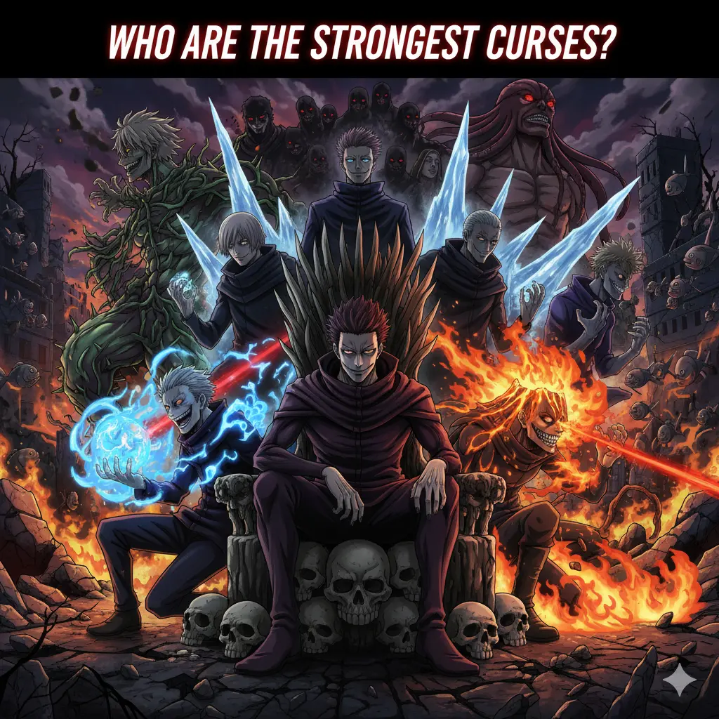 Who Are the Strongest Curses in Jujutsu Kaisen Ranked : An epic collage of JJK villains including Sukuna, Mahito, Jogo, and others, with the title "Who Are the Strongest Curses?