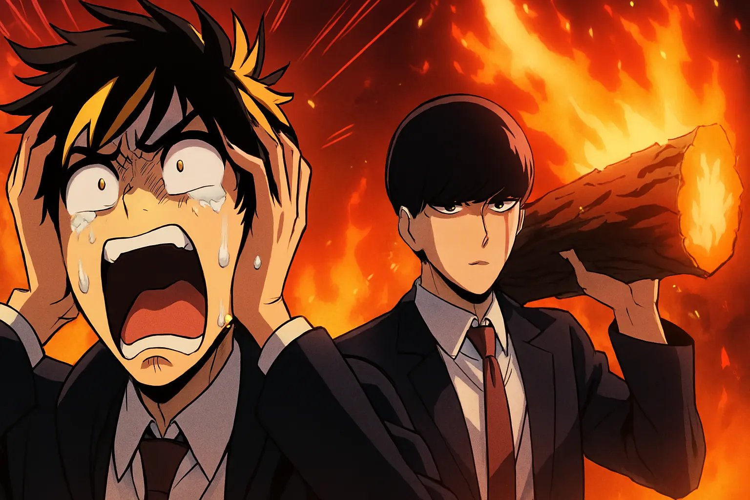 Finn Ames from Mashle screaming in extreme panic while the calm Mash Burndead stands behind him holding a giant burning log.