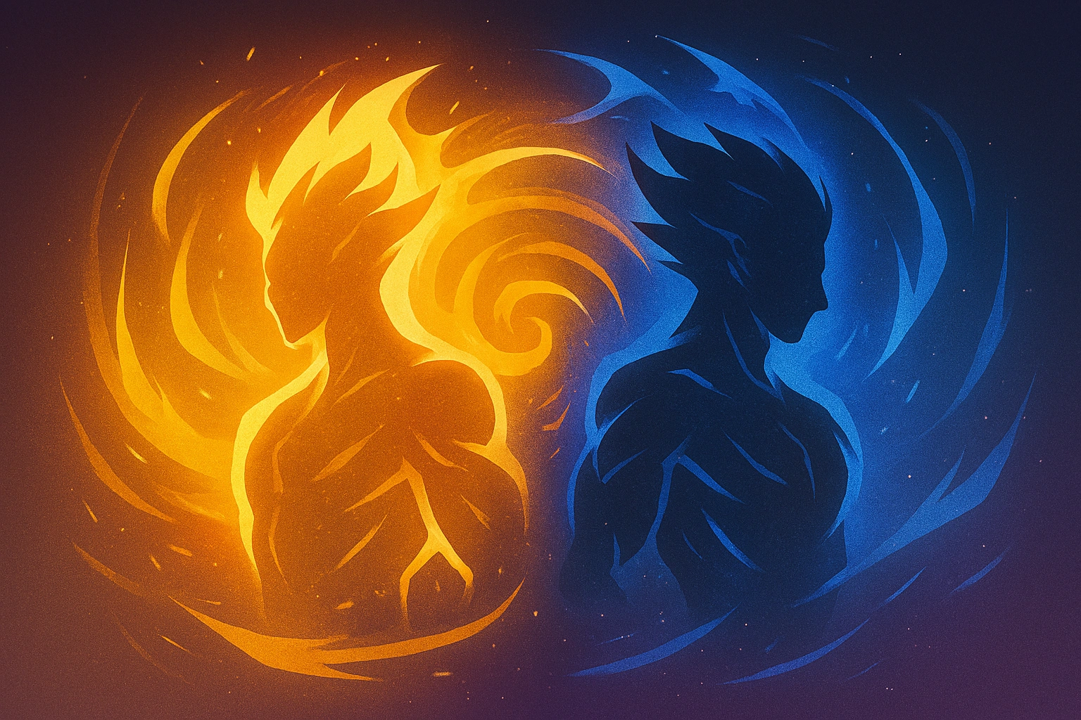 Symbolic art of the rival trope's 'gold standard,' showing a golden warrior and a blue warrior back-to-back, their energies connected.