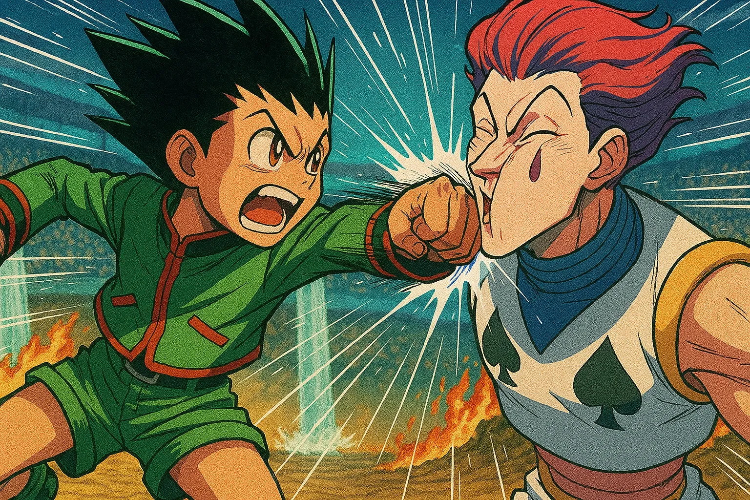 A strategic anime fight scene from Hunter x Hunter, showing Gon landing his satisfying punch on Hisoka at the Heaven's Arena.
