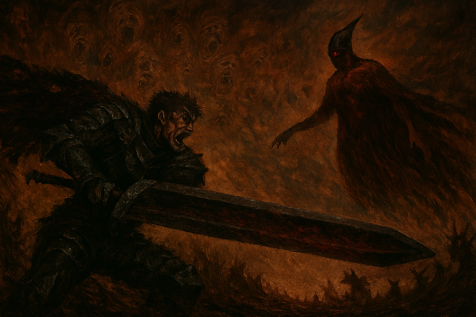 A dark and gritty depiction of one of the most emotional anime fights: Guts from Berserk in a desperate battle against the demonic Femto during the Eclipse