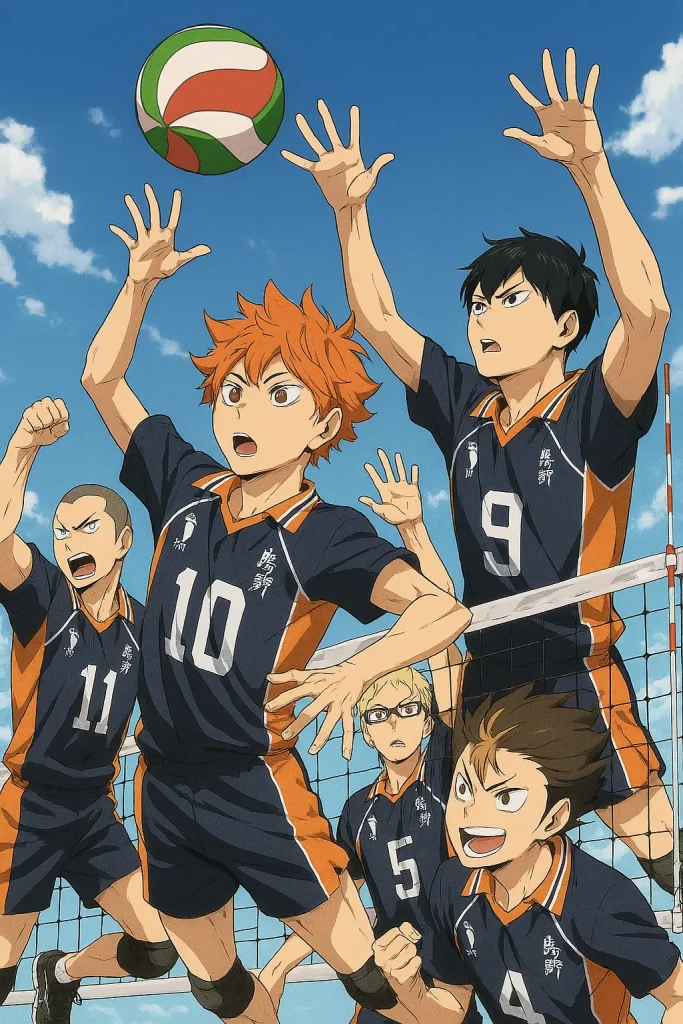 Haikyuu anime featuring Hinata and Kageyama playing volleyball – inspiring sports anime for beginners.