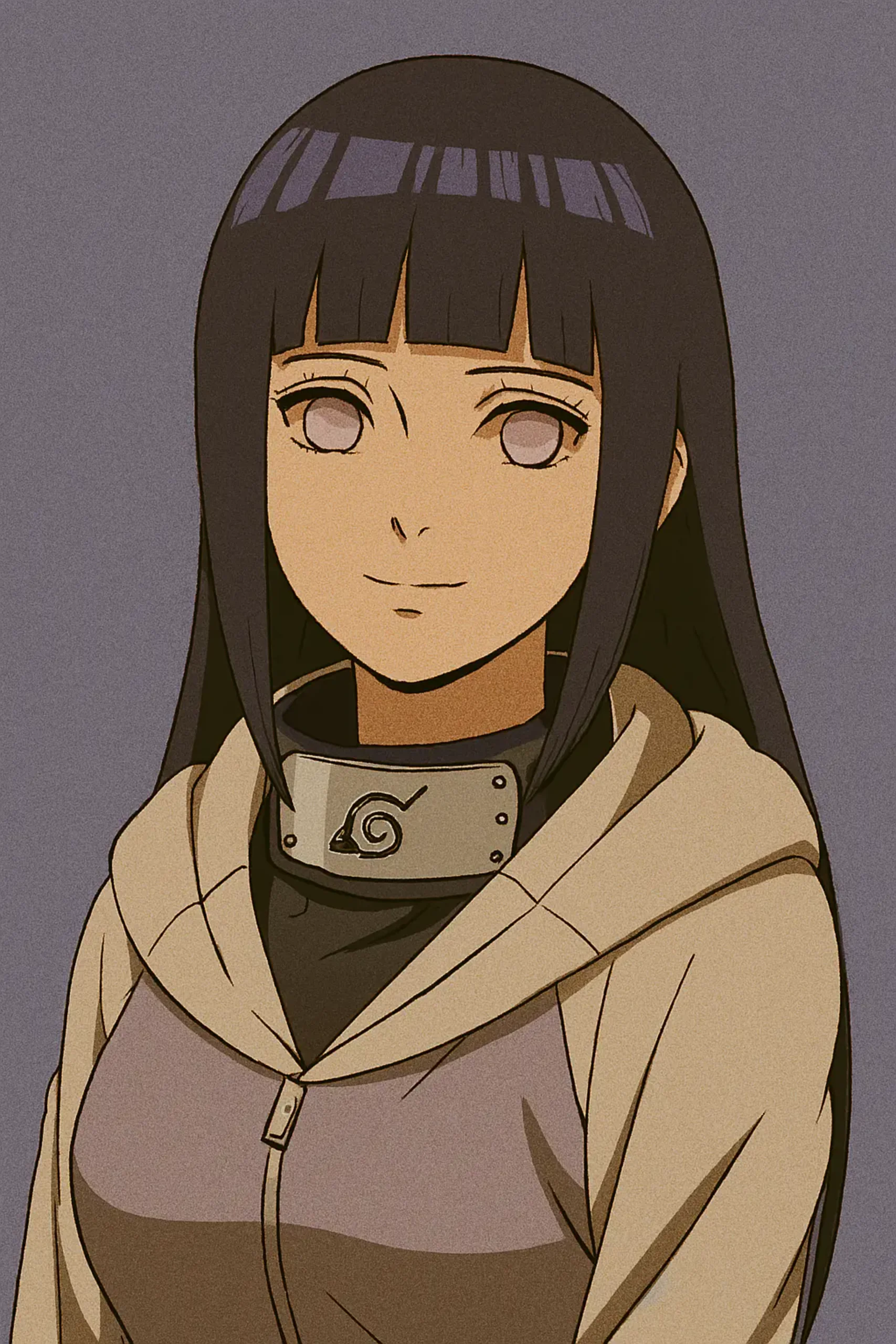 Best Anime Waifu Characters - Hinata Hyuga from Naruto, a kind-hearted ninja with long, dark blue hair, fair skin, and the distinctive pale, lavender-colored Byakugan eyes of her clan, usually wearing a lavender and cream hooded jacket.