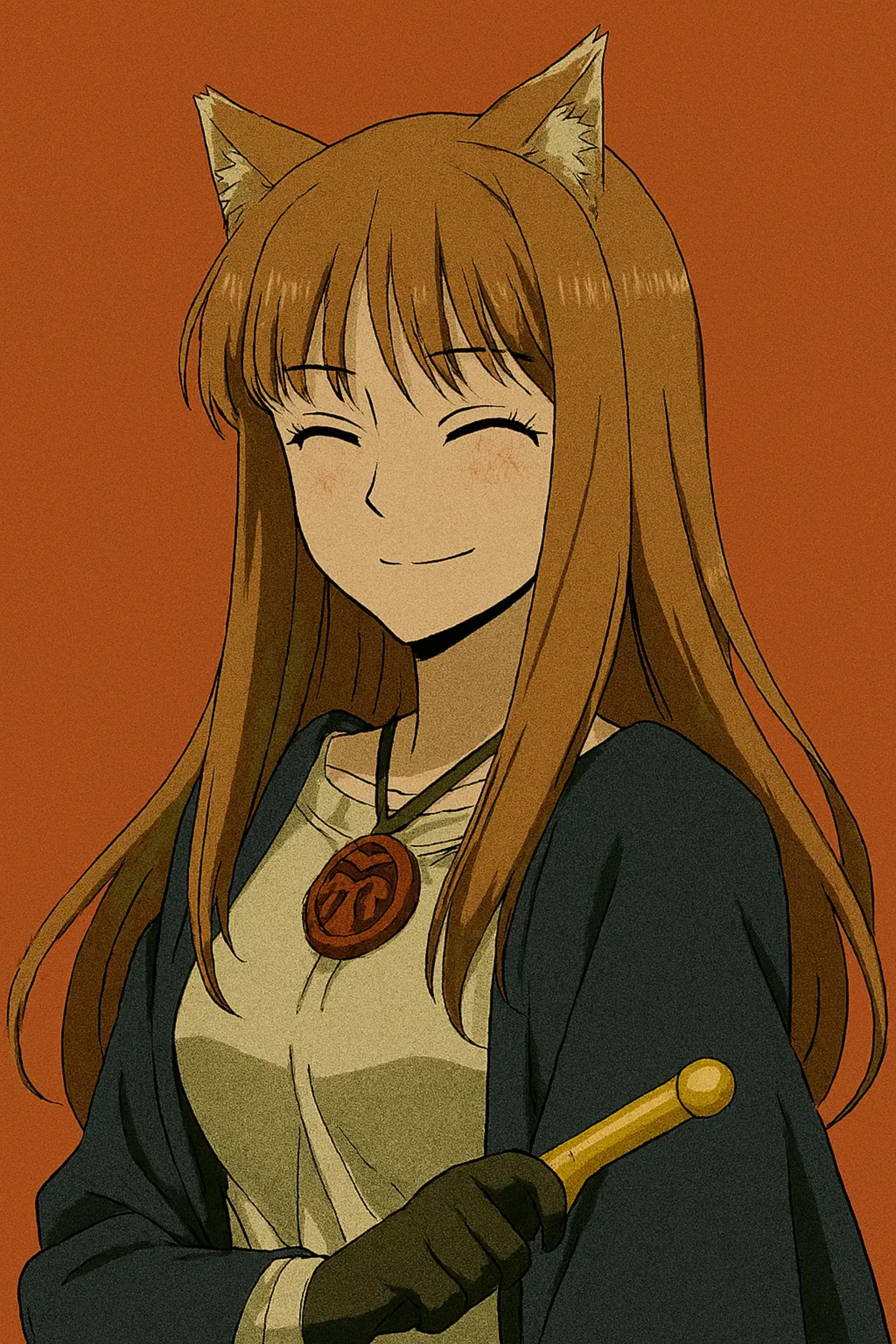 Best Anime Waifu Characters - Holo from Spice and Wolf, a wise and playful wolf deity in the form of a young woman with long brown hair, red eyes, prominent wolf ears, and a fluffy brown tail, often dressed in simple, rustic clothing.