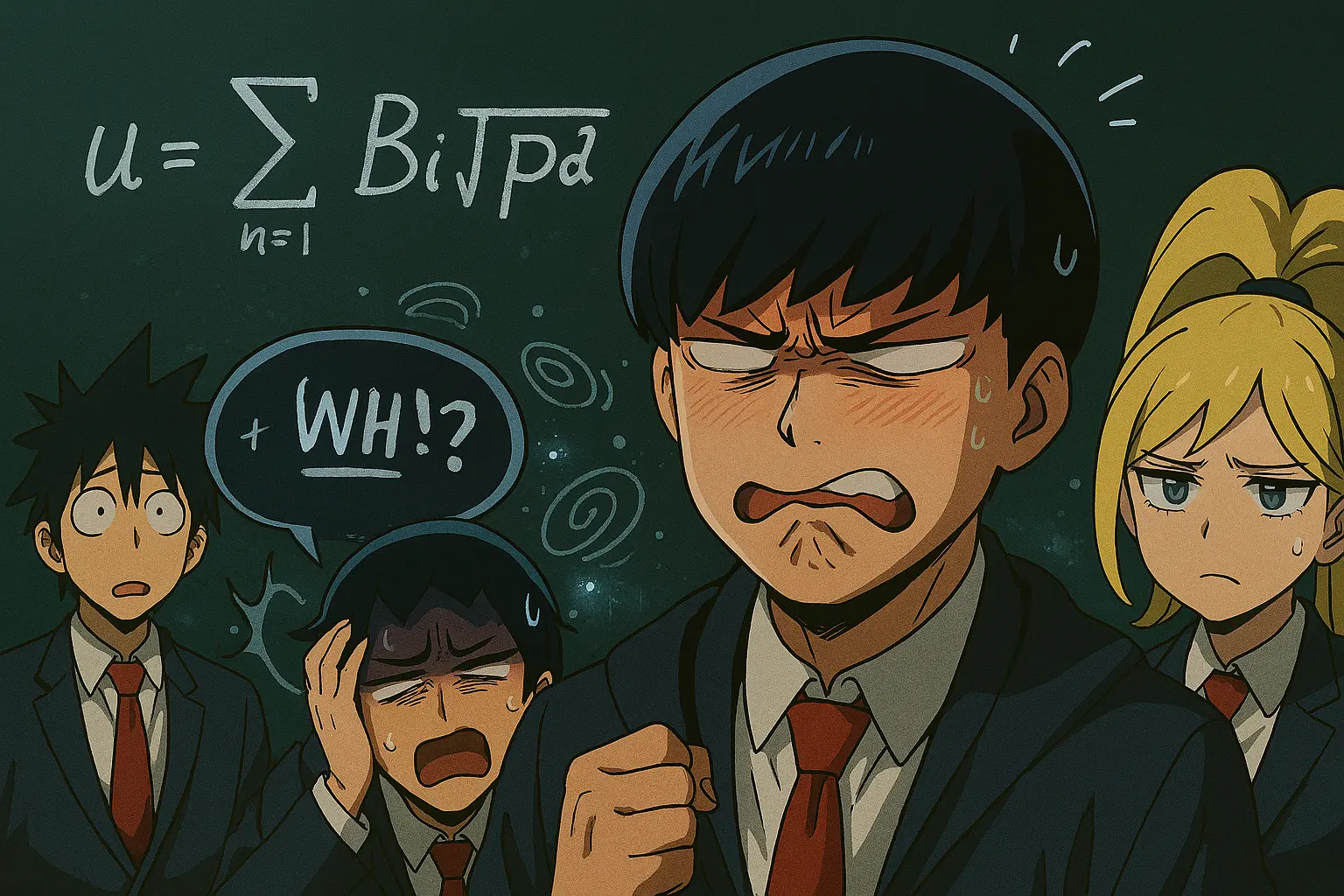 A comically pained Mash Burndead struggling with a math equation, a funny weakness shown in the anime Mashle.