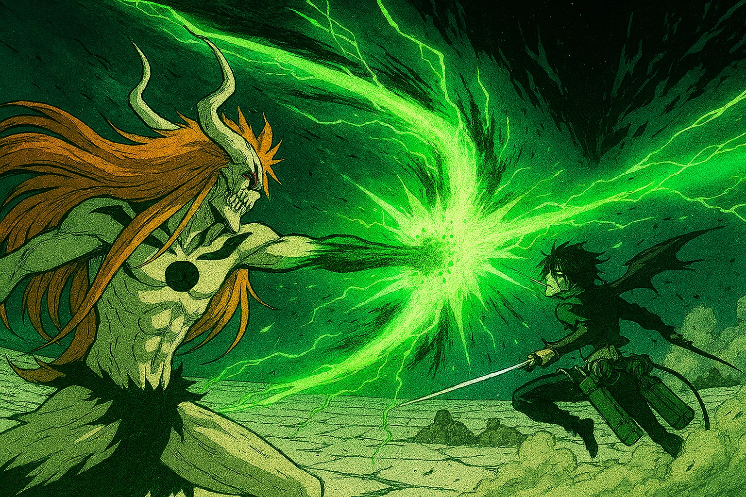 A powerful shonen anime fight from Bleach showing Ichigo in his Vasto Lorde form firing a massive Cero at Ulquiorra in Las Noches