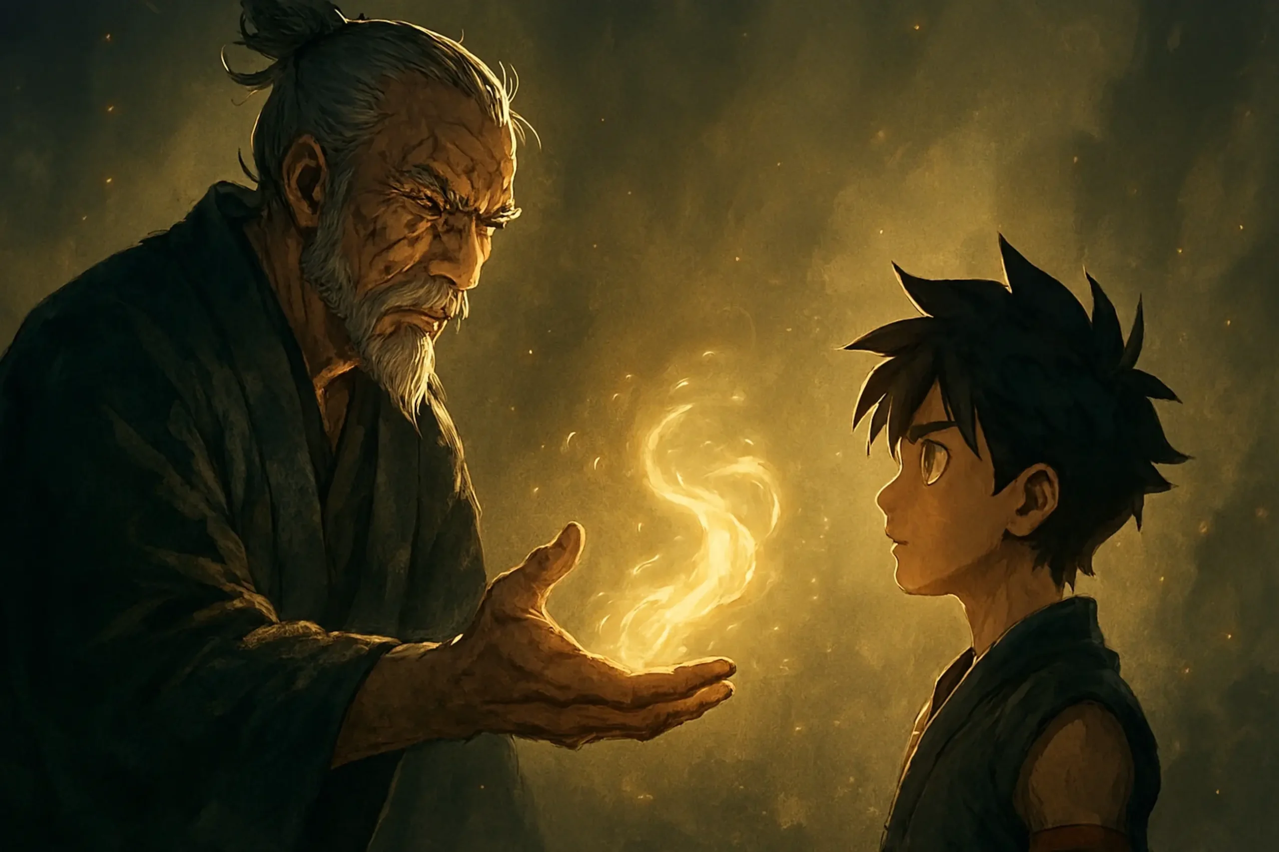 Aging Sensei passing knowledge to a young hero, illustrating the core Anime Sensei Role in training.