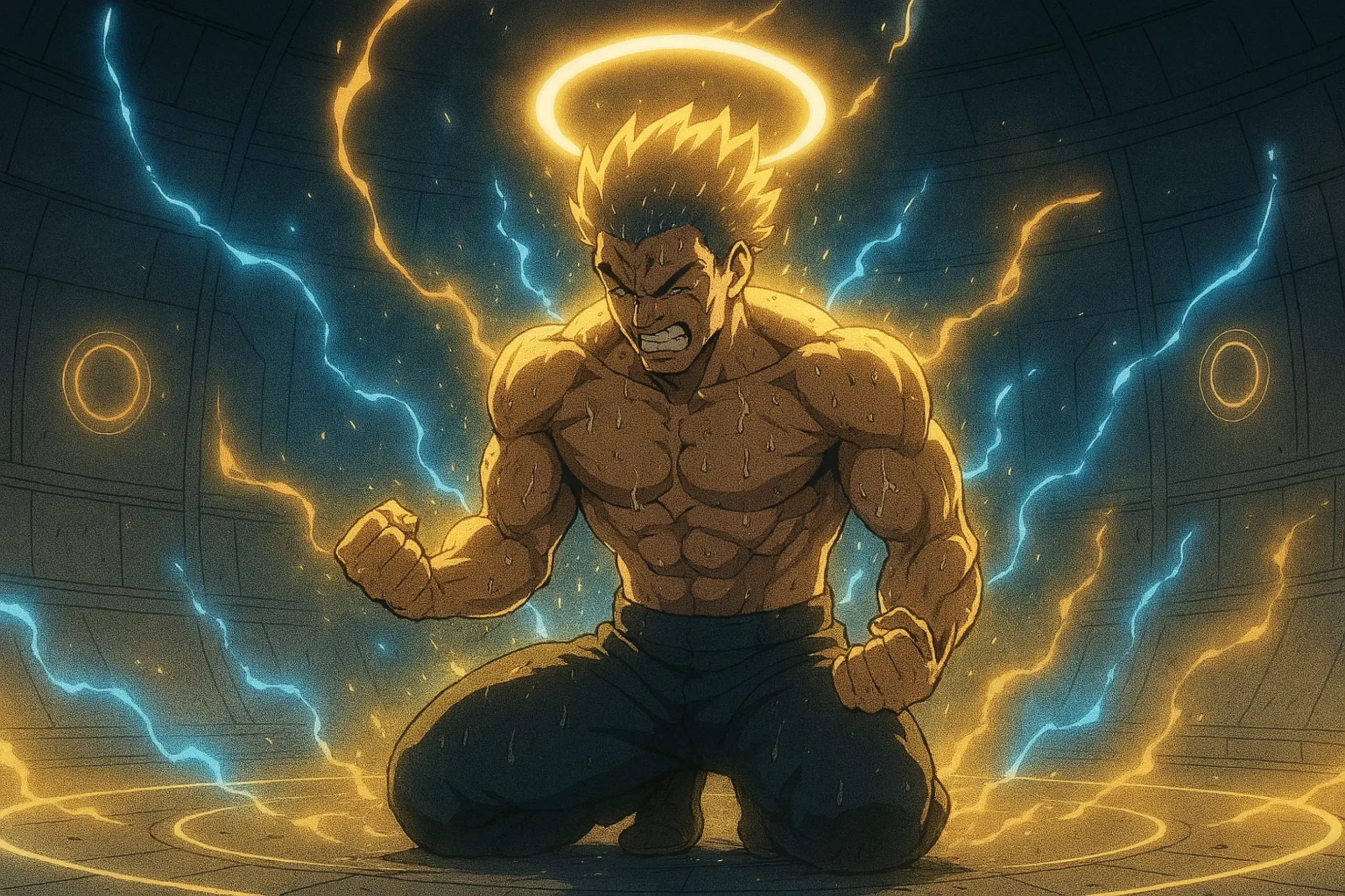 A hardened warrior with a defined physique trains intensely and alone in a futuristic isolation chamber, surrounded by radiant energy waves, embodying the self-disciplined effort of a genius loner trope archetype.