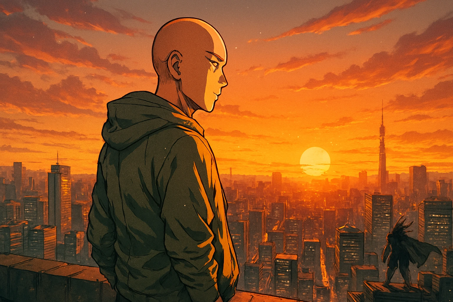 Hero standing on a rooftop at sunset, representing the deeper philosophical side of One Punch Man anime.