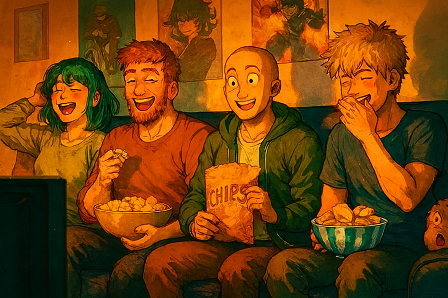 Group of friends watching anime together, symbolizing the universal appeal of One Punch Man anime.