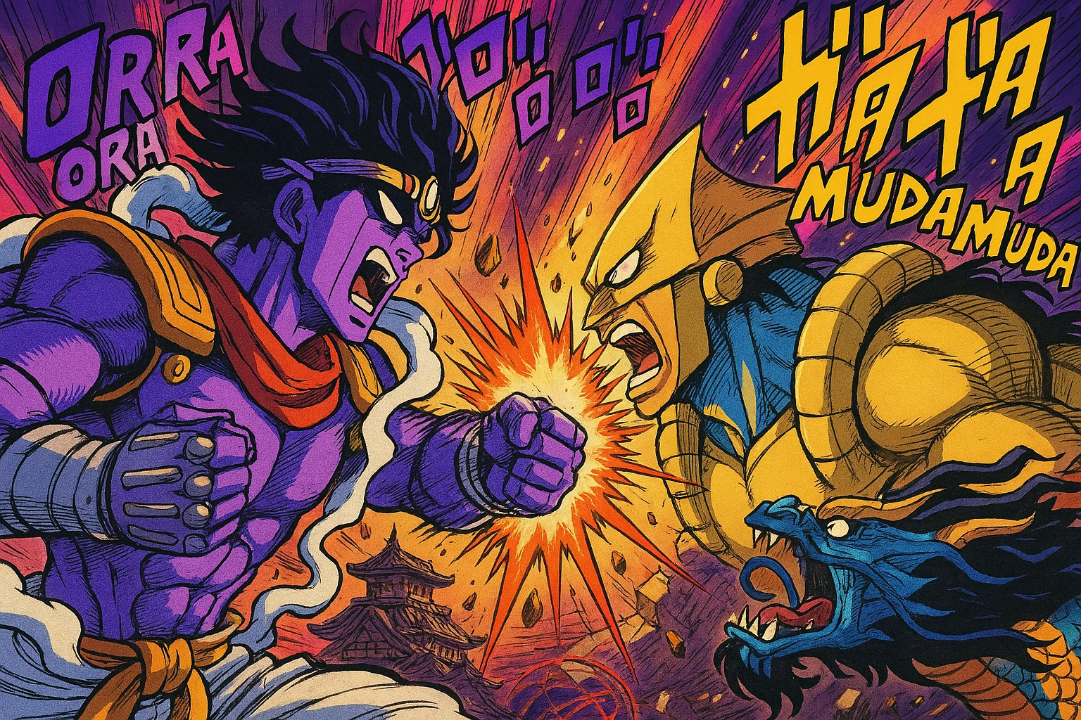 The stylish and iconic anime fight between Jotaro Kujo and Dio from JoJo's Bizarre Adventure, showing their Stands clashing with 'ORA ORA' and 'MUDA MUDA' energy.