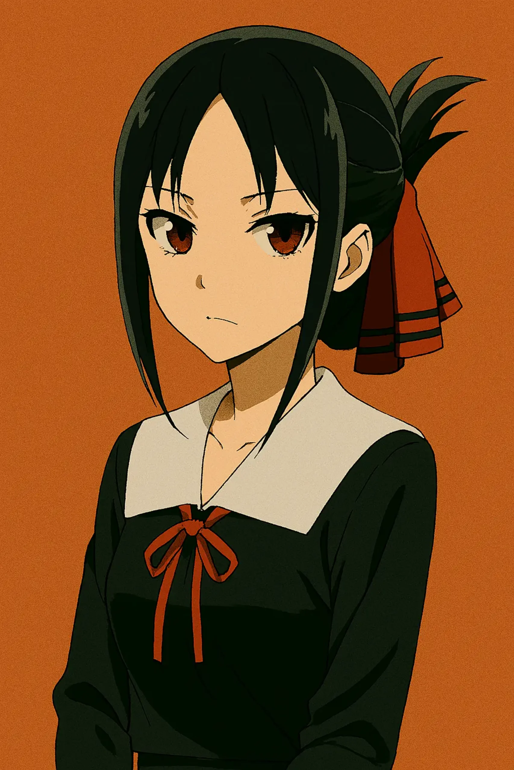 Best Anime Waifu Characters - Kaguya Shinomiya from Kaguya-sama: Love Is War, an elegant high school student with long black hair tied with a red ribbon and striking red eyes, wearing her black school uniform.