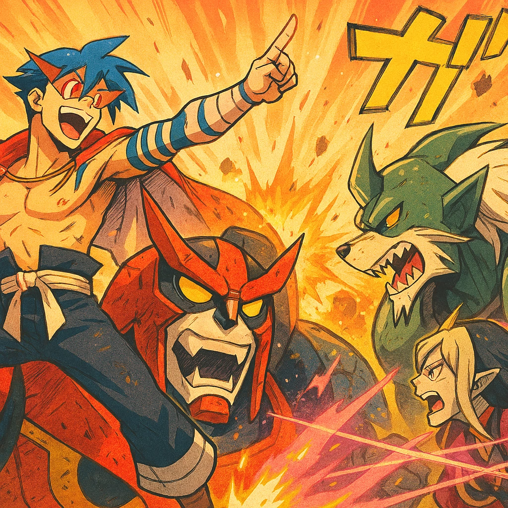 A spirited mecha anime fight from Gurren Lagann, featuring the charismatic Kamina striking a pose in his Gurren mecha during a battle.