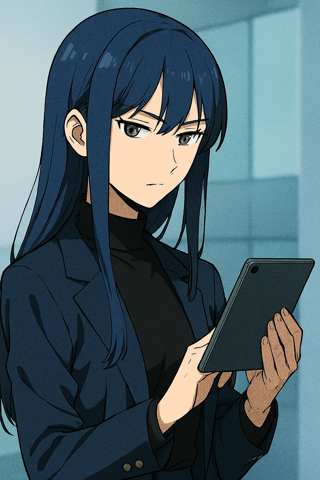 A composed and calm Kuudere Character Trope holding a tablet, illustrating emotional reservation and intellect.
