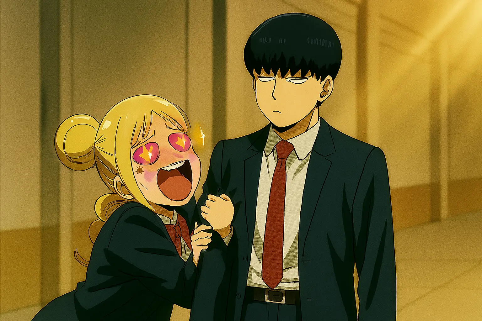 Lemon Irvine comically clinging to Mash Burndead's arm with an adoring, star-eyed expression in a funny scene from the anime Mashle. 