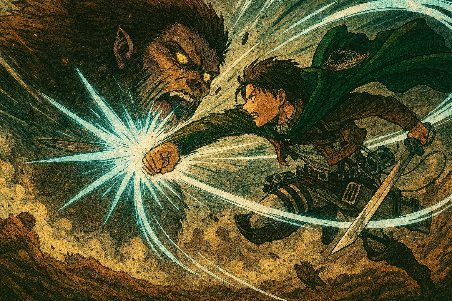 Captain Levi from Attack on Titan in a high-speed assault against the Beast Titan, a perfect example of an iconic anime battle with breathtaking animation.