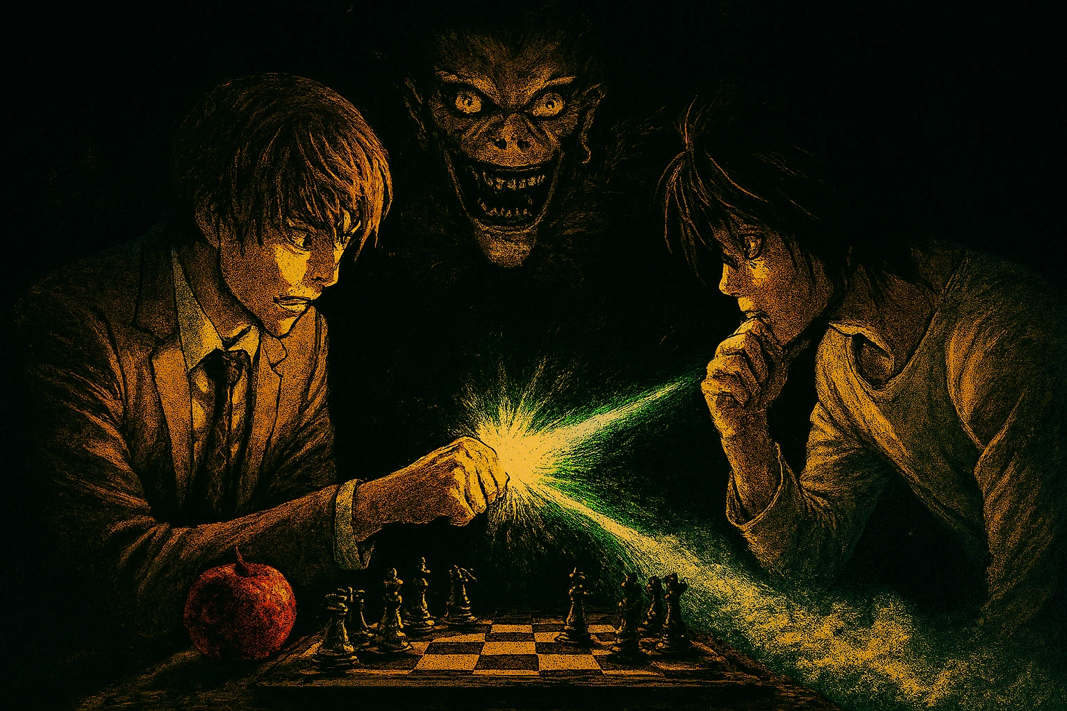 A depiction of one of the greatest intellectual anime battles, with Light and L from Death Note in a tense chess match as the shinigami Ryuk watches.