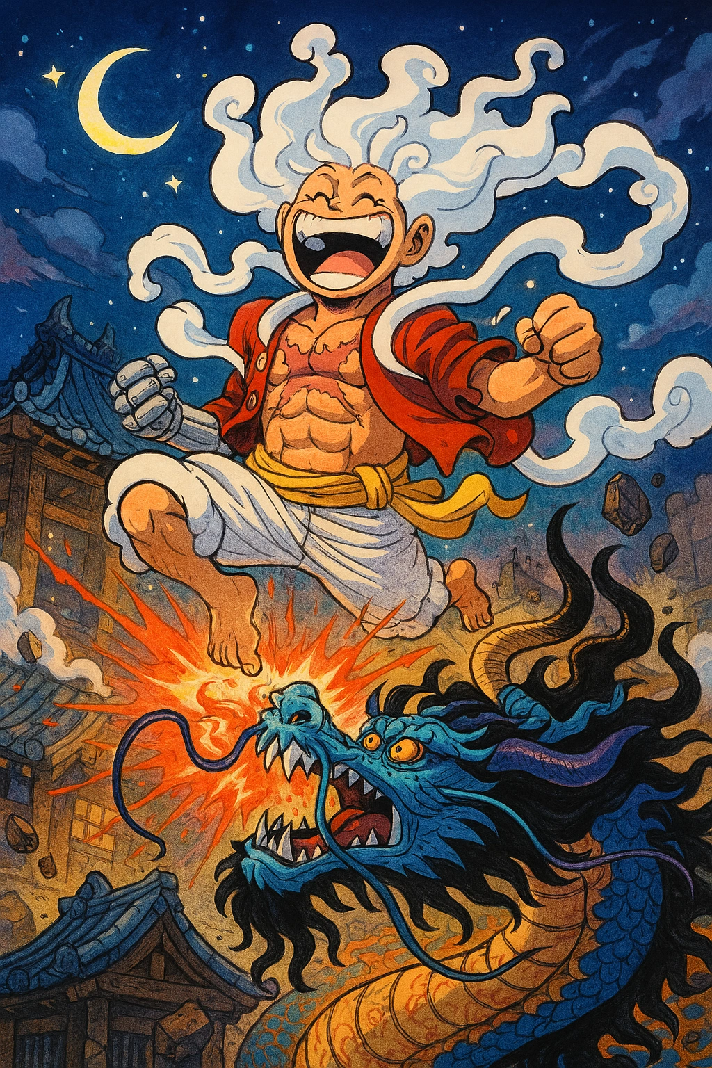 Luffy in his joyful Gear 5 form in a legendary anime battle against the massive dragon Kaido, a highlight from the One Piece Wano Arc.