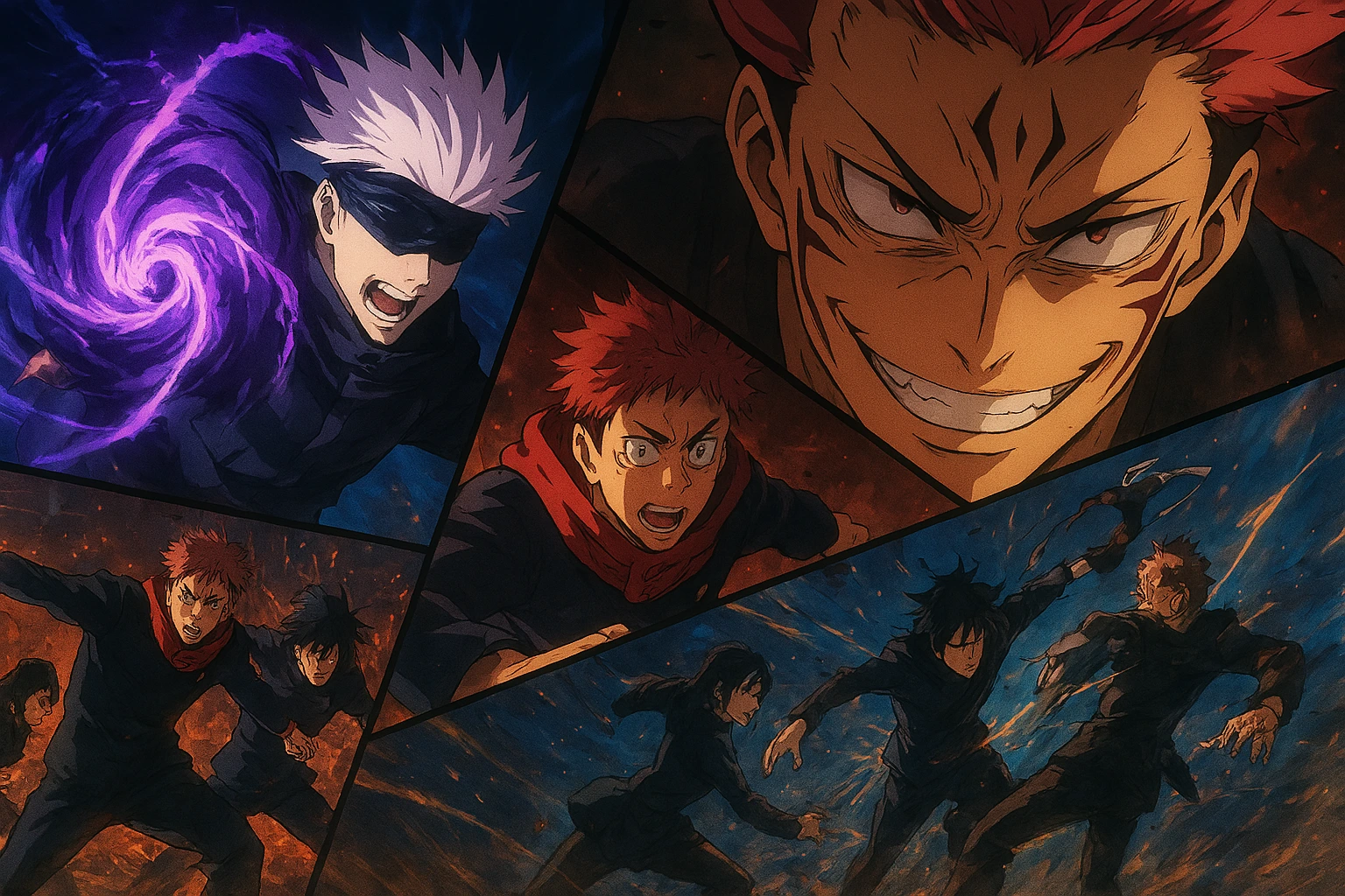 Dynamic action collage showcasing Studio MAPPA's high-quality animation from Jujutsu Kaisen Season 2, highlighting intense battle scenes and powerful cursed techniques, reflecting the expected visual standard for Jujutsu Kaisen Season 3