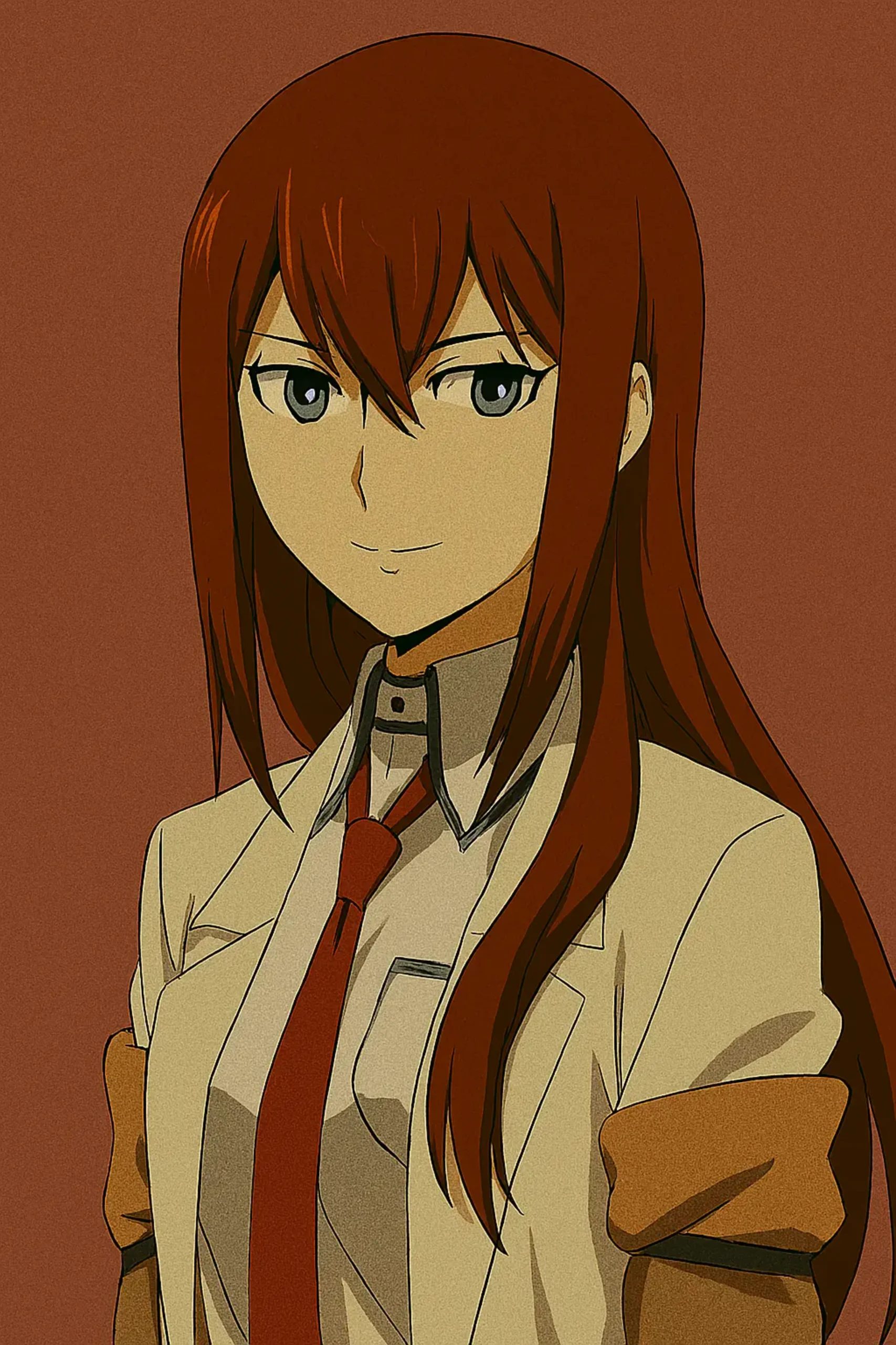 Best Anime Waifu Characters - Makise Kurisu from Steins;Gate, a brilliant young scientist with long, reddish-brown hair and violet eyes, wearing a white long-sleeved shirt, a loose brown jacket, and black shorts with a belt.