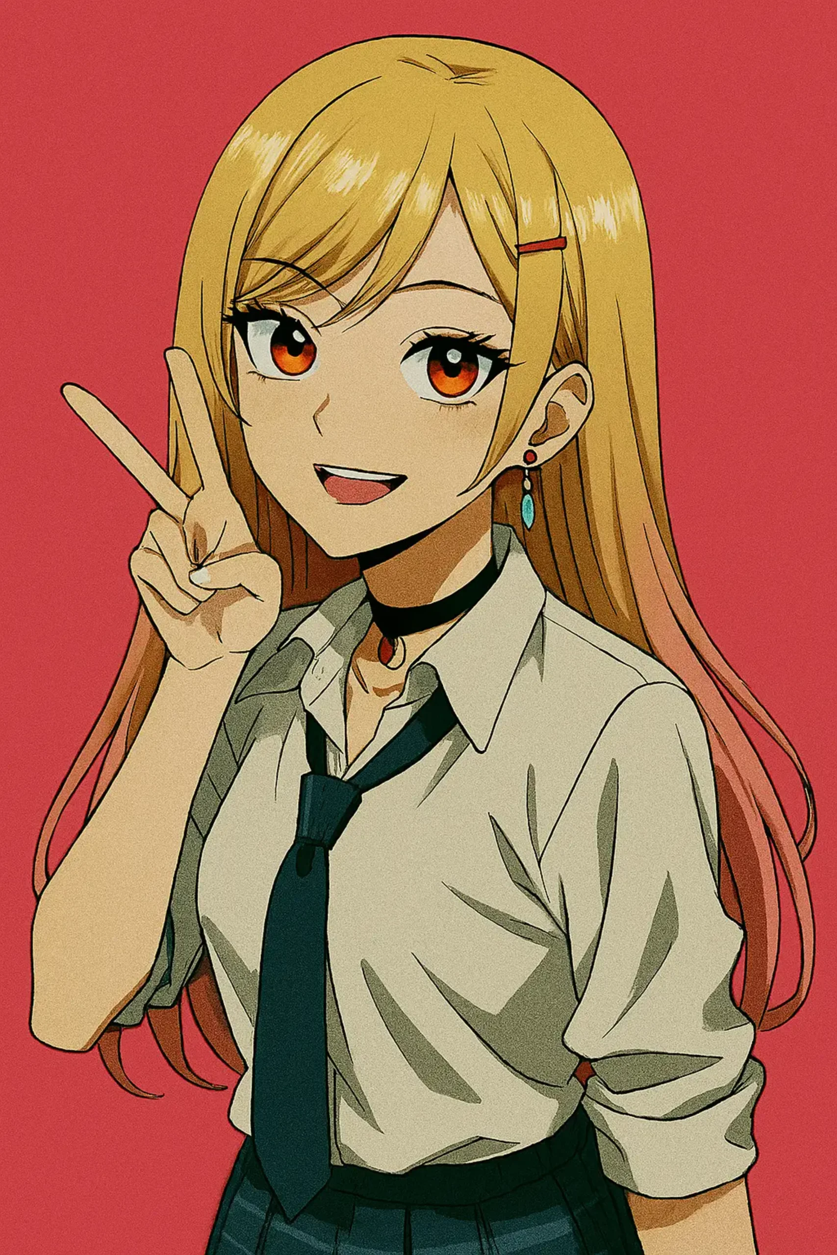 Best Anime Waifu Characters - Marin Kitagawa from My Dress-Up Darling, a cheerful high school girl with long blonde hair with pink tips, pink eyes, and a radiant smile, dressed in her school uniform.