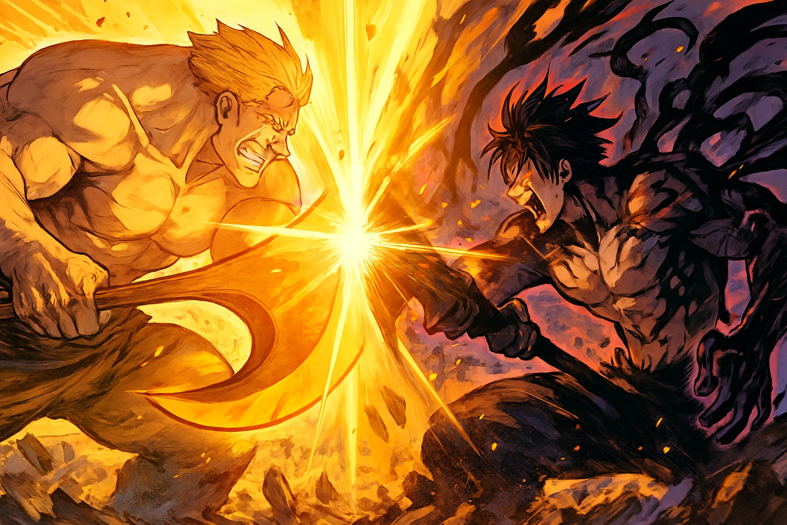 A clash of mythological power in The Seven Deadly Sins, showcasing Escanor's sun-fueled strength against Meliodas's demonic form in an epic anime fight.