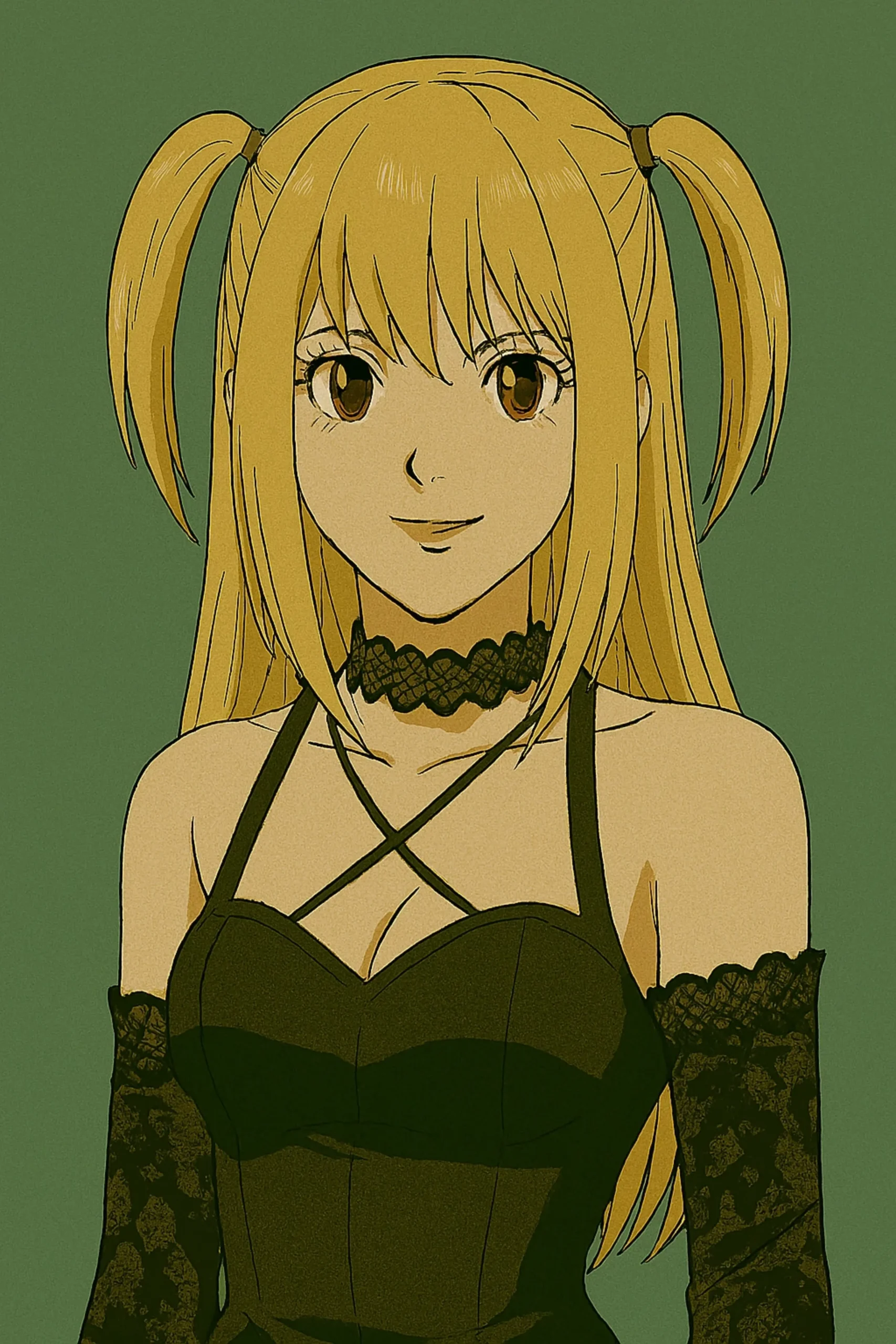 Best Anime Waifu Characters - Misa Amane from Death Note, a popular model with long, blonde hair often styled in pigtails and brown eyes, known for her gothic lolita fashion sense, typically wearing black dresses with lace and crosses.