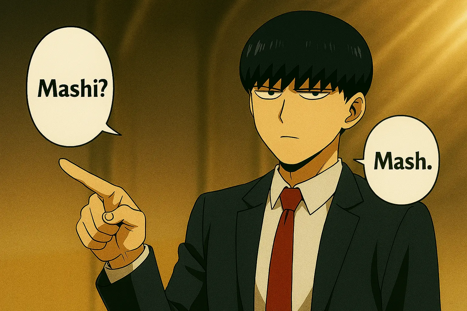Mash Burndead with a serious expression, correcting someone who has mispronounced his name in a classic funny scene from Mashle.