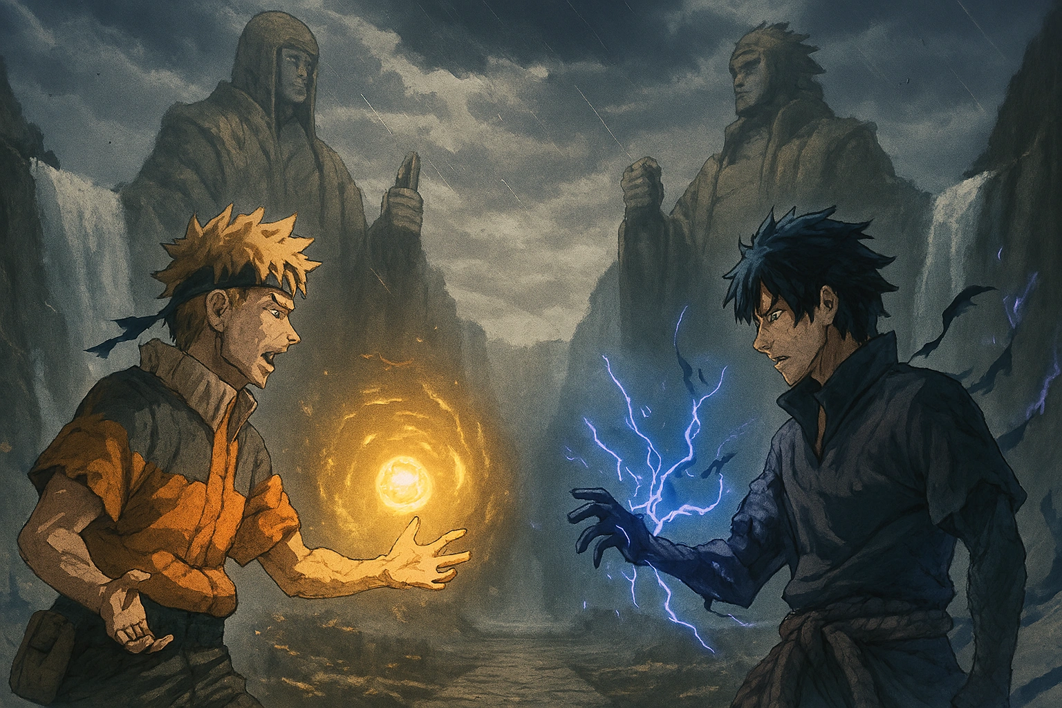 An iconic example of the rival trope: Naruto and Sasuke clash at the Valley of the End, defining their tragic rivalry under the statues of their ancestors.