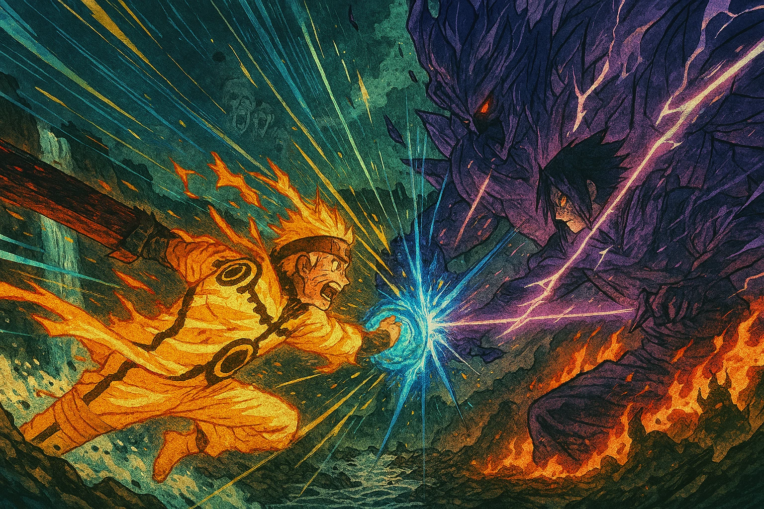 The iconic Naruto vs. Sasuke final fight, a legendary anime battle where Naruto's Rasengan clashes with Sasuke's Susanoo, symbolizing one of the best anime fight scenes.