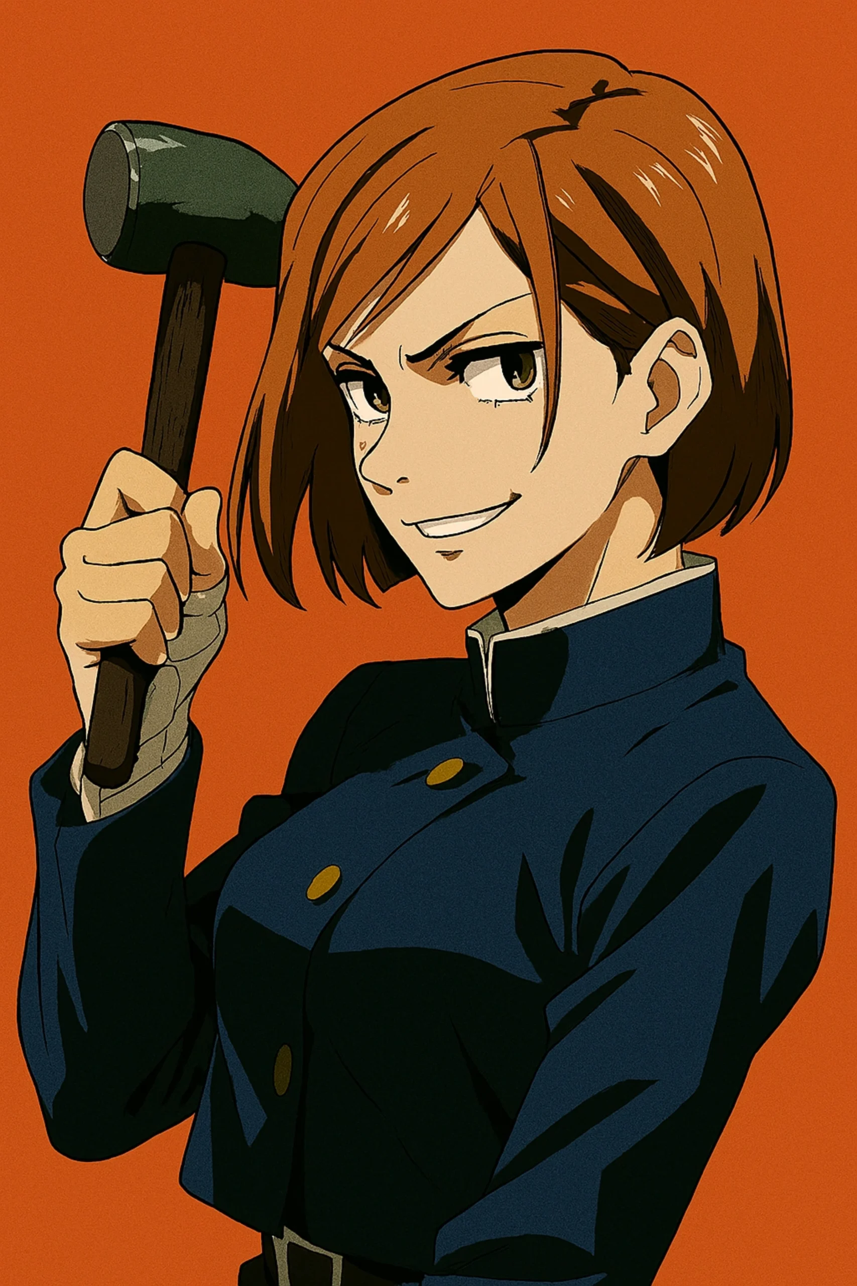 Best Anime Waifu Characters - Nobara Kugisaki from Jujutsu Kaisen, a confident young woman with short, orange-dyed hair and brown eyes, wearing her dark blue Jujutsu High uniform.