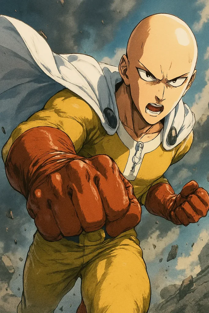 Saitama from One Punch Man defeating villains – funny superhero anime for beginners.