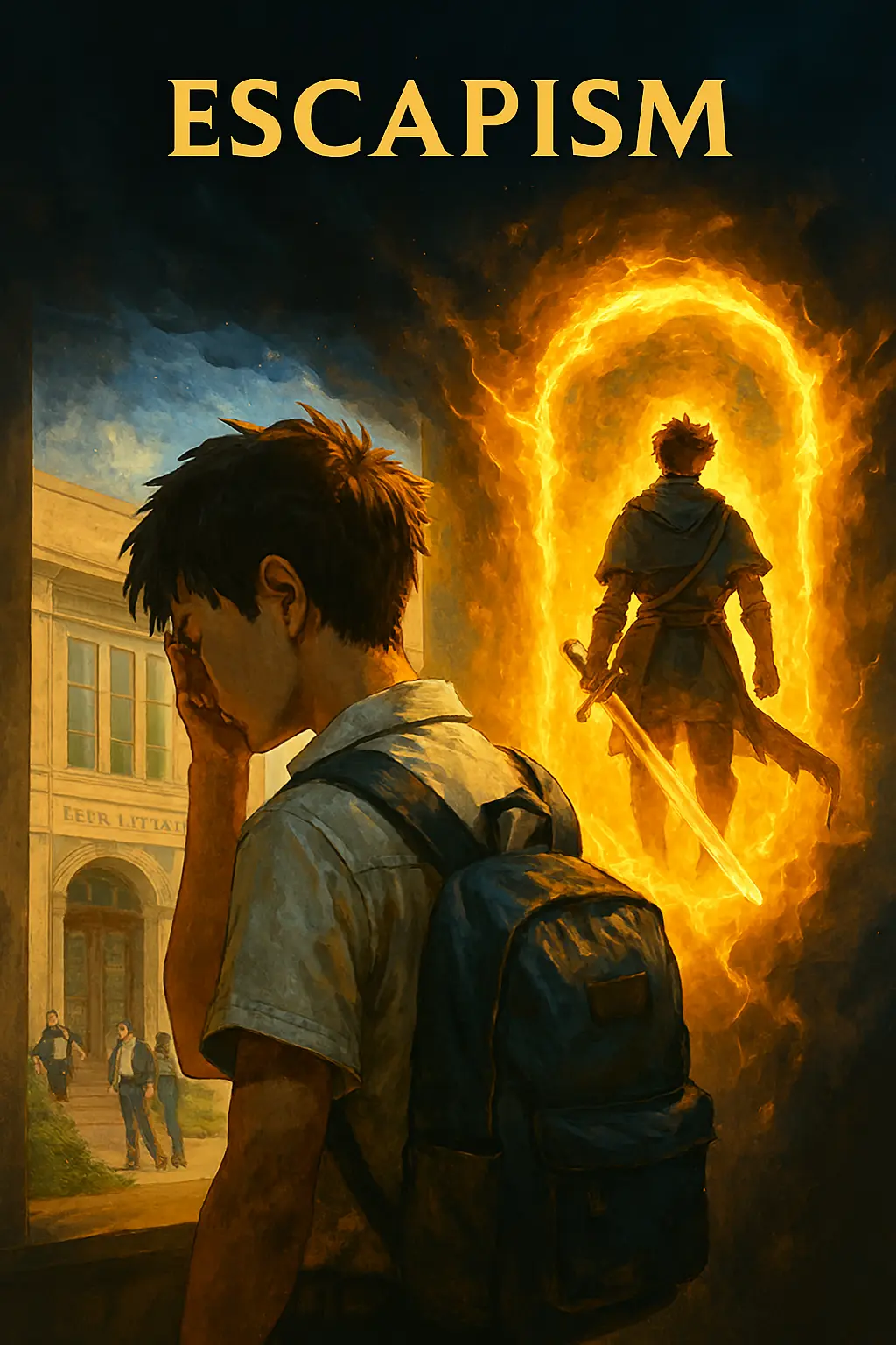 isekai hero standing on portal and a boy have sad face he puted his hand on his face