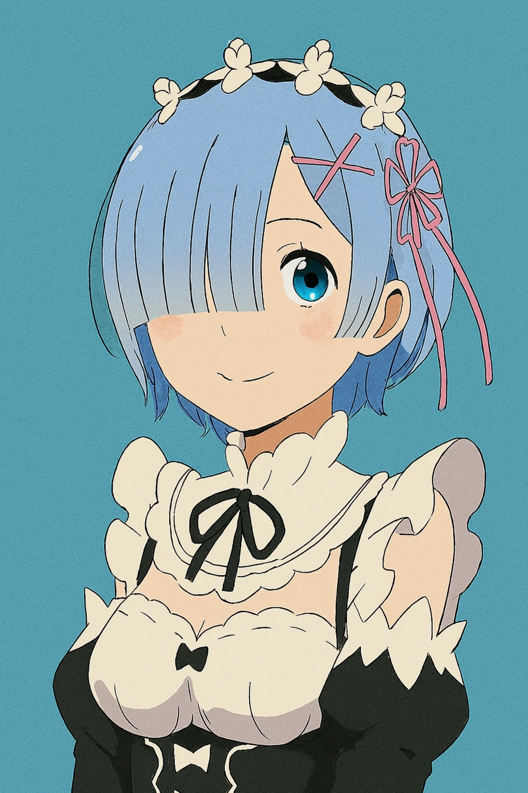 Best Anime Waifu Characters - Rem from Re:Zero - Starting Life in Another World, a gentle and devoted oni with short, blue hair that covers one of her large, light blue eyes, wearing a black and white maid's outfit.